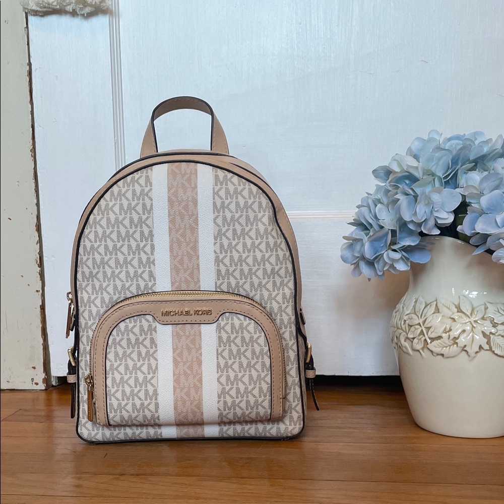 Michael Kors Tan and White Signature Mini Backpack